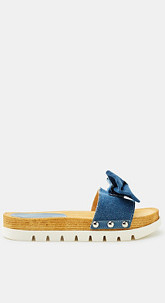 Denim-Pantolette mit Plateausohle in Holz-Optik